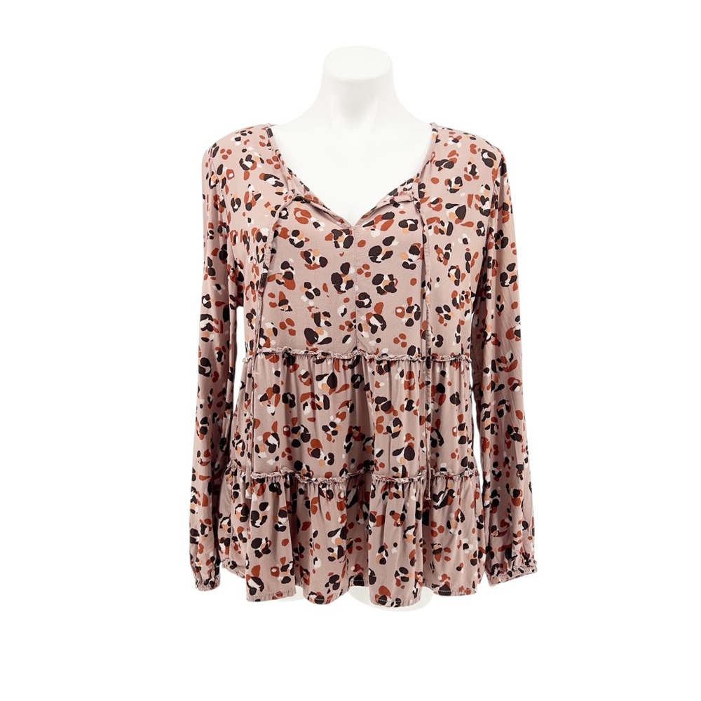 BeachLunchLounge Tiered Ruffle Babydoll Animal Print Blouse Top Large